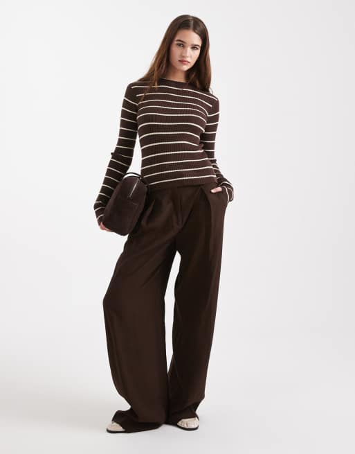 Pieces ribbed knitted top in brown and cream stripe, 3 of 4