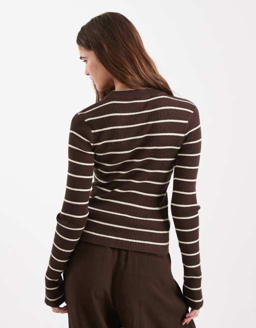 Pieces ribbed knitted top in brown and cream stripe, 4 of 4