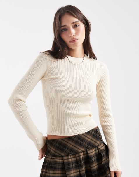 Pieces ribbed knitted top in cream - view 1