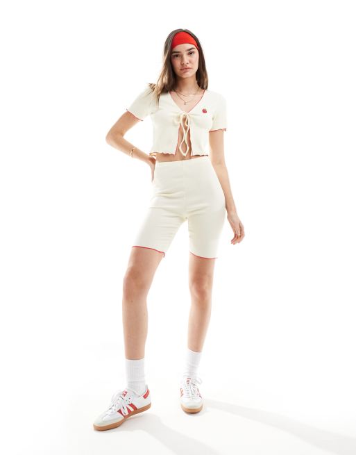 Pieces ribbed legging shorts with red trim in cream - part of a set