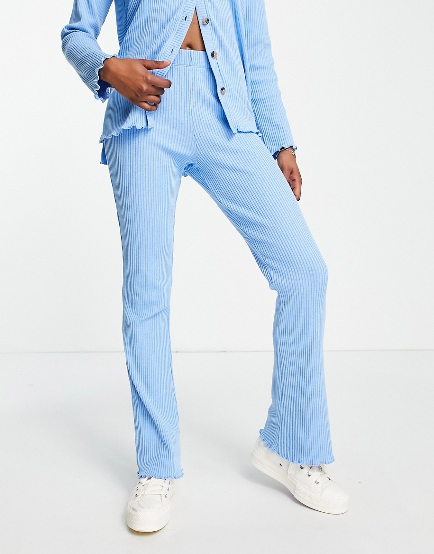Pieces Ribbed Lettuce Edge Flared Pants In Blue - Part Of A Set