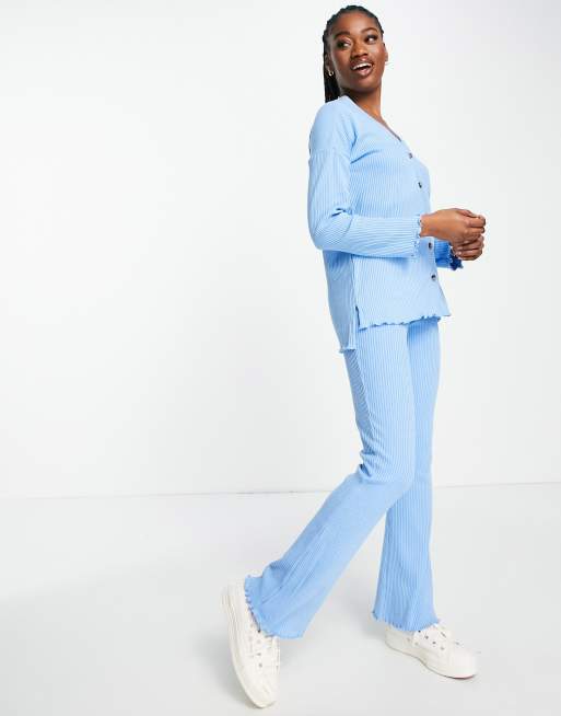Pieces ribbed lightweight lettuce edge cardigan in blue - part of a set