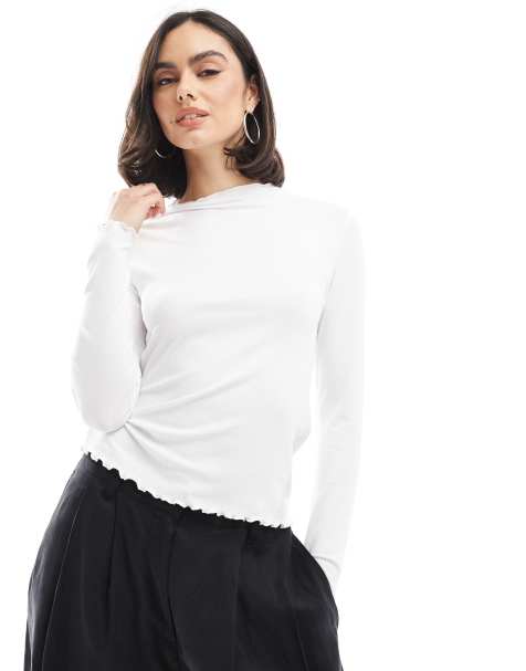 Pieces ribbed long sleeve top with lettuce edge detail in white - view 1