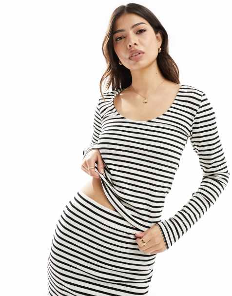 Pieces ribbed long sleeved scoop back top set in cream and black stripe - view 1