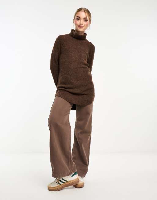 Pieces ribbed longline roll neck jumper in brown ASOS