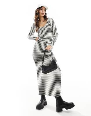 Pieces Ribbed Maxi Skirt Set In Cream And Black Stripe