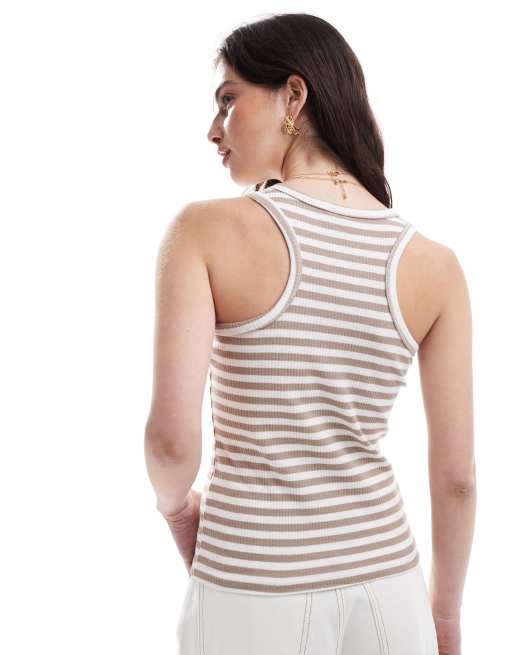 Pieces ribbed racer neck tank top in camel stripe | ASOS