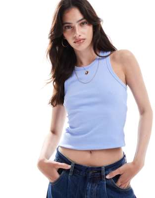 Pieces ribbed racer neck top in blue