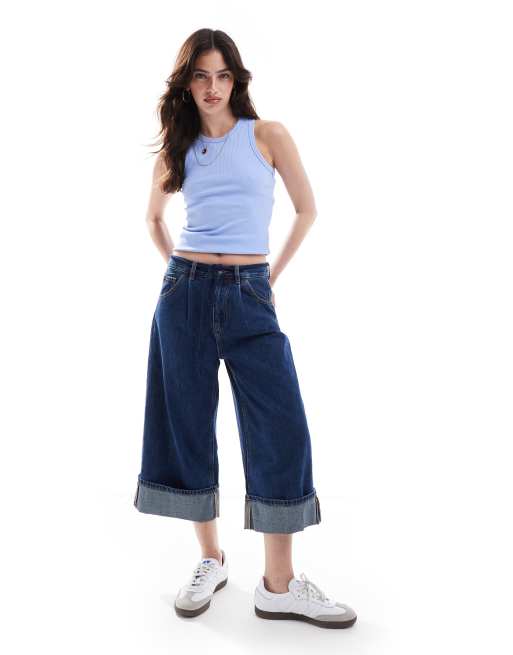 Pieces ribbed racer neck top in blue