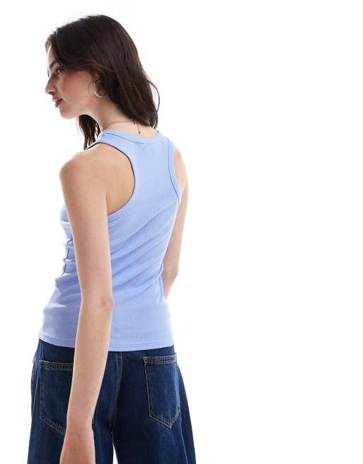 Pieces ribbed racer neck top in blue