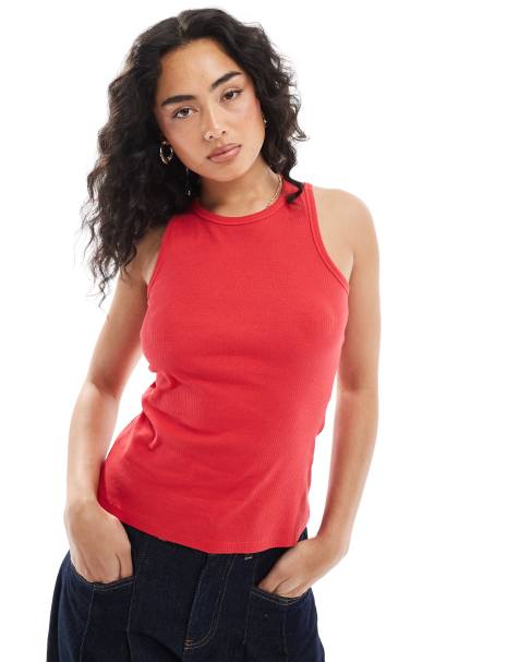 Pieces ribbed racer neck top in lollipop red - view 1