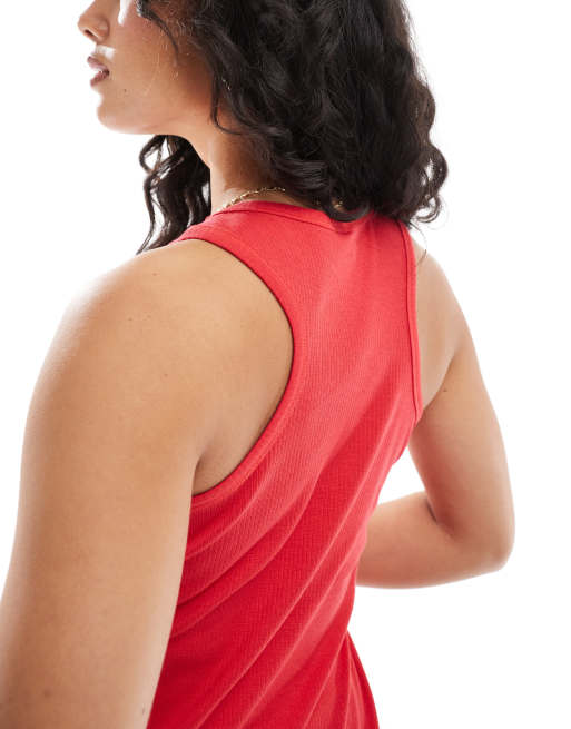 Pieces ribbed racer neck top in lollipop red, 3 of 4