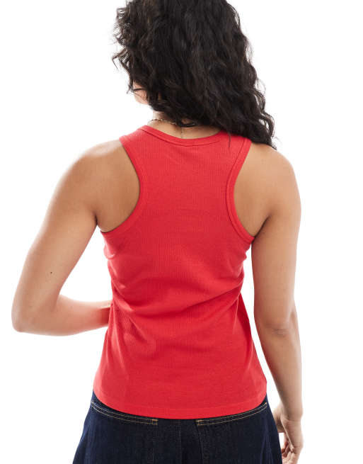 Pieces ribbed racer neck top in lollipop red, 4 of 4