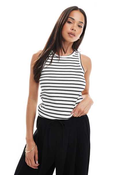 PIECES ribbed racer neck top in white and black stripe - view 1