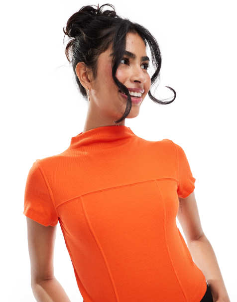 Pieces ribbed racer seam detail t-shirt in tango red - view 1