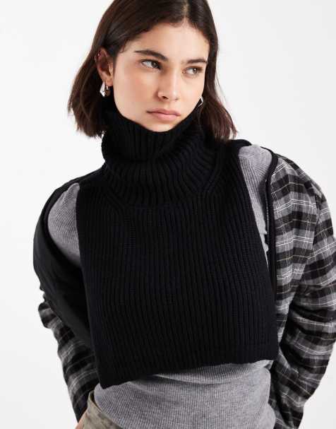 Pieces ribbed roll neck knitted neckwarmer in black