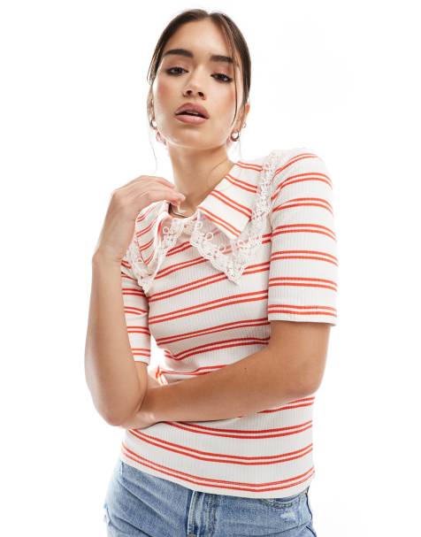 Pieces ribbed short sleeve top with crochet trim collar detail In white and red stripe - view 1