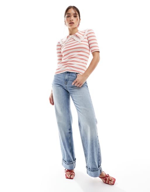 Pieces ribbed short sleeve top with crochet trim collar detail in white and red stripe