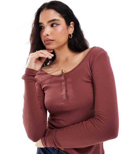 Pieces ribbed snap front long sleeve top in spice - view 1