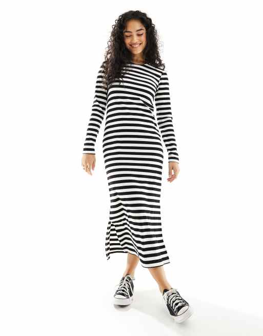 Pieces ribbed striped t-shirt maxi dress in mono | ASOS