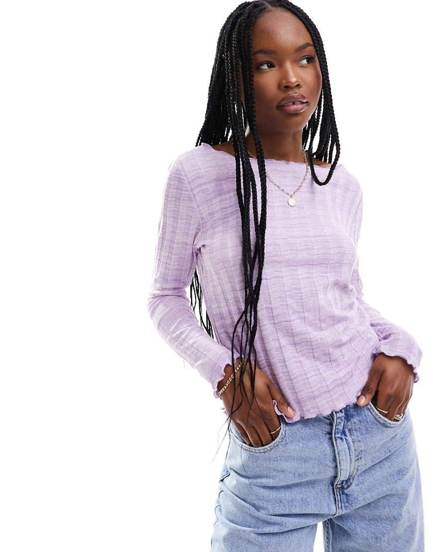 Pieces ribbed wide neck top in lilac-Purple