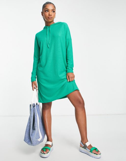 Pieces Ribbi hooded jersey dress in green ASOS