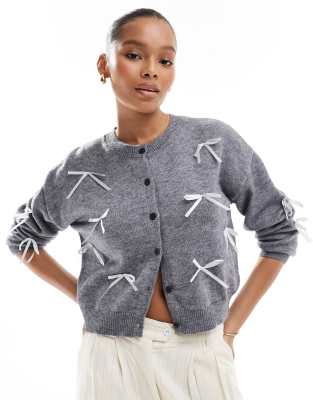 ribbon bow cardigan in medium gray melange