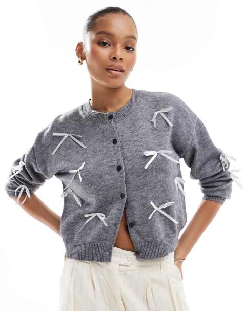 Pieces ribbon bow cardigan in medium grey melange - view 1