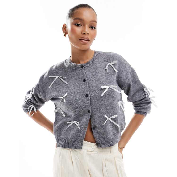 Pieces ribbon bow cardigan in medium grey melange | ASOS
