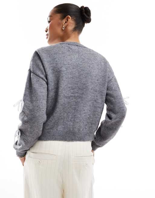 Pieces ribbon bow cardigan in medium grey melange | ASOS