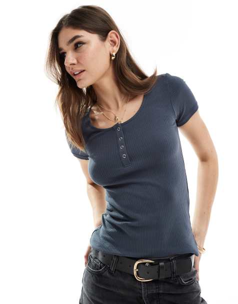 Pieces - Ribstrikket top i ombré-blå med trykknapper - view 1