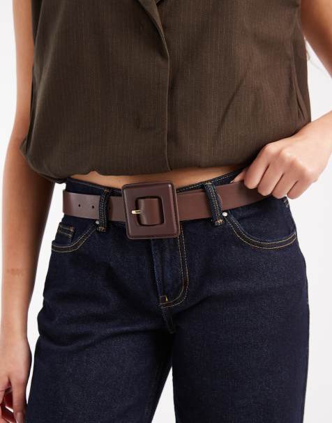 Pieces - Riem met grote gouden gesp in bruin - view 1