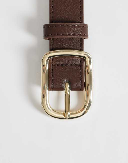 Pieces riem met leerlook en gouden gesp in bruin, 3 van 3