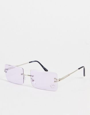 Pieces rimless diamante heart sunglasses in lilac