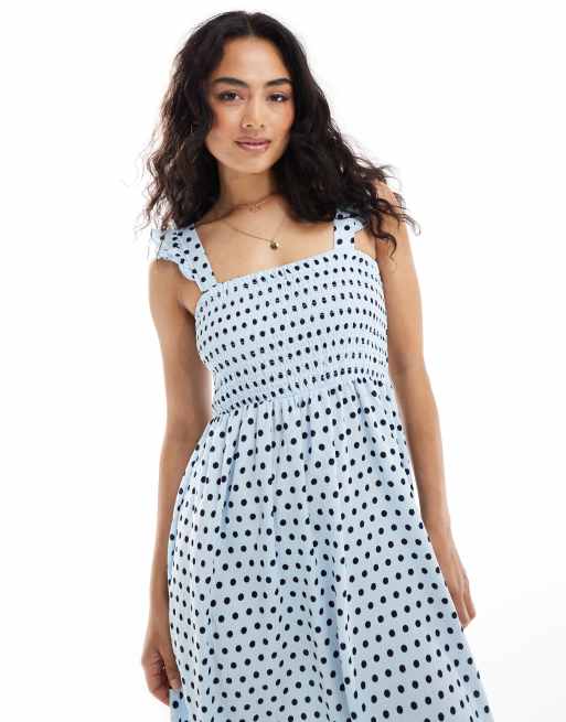 Pieces - Robe à pois longue en jersey texturé avec bretelles volantées - Bleu