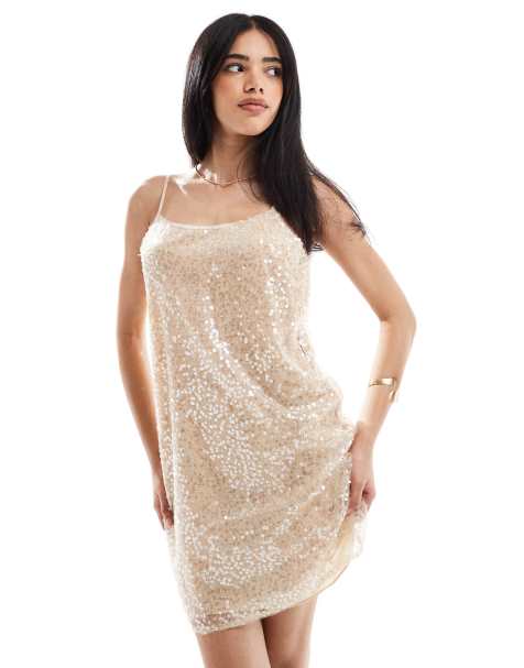 Pieces - Robe caraco courte à sequins transparents - Crème - view 1