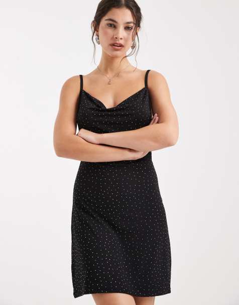 Pieces - Robe caraco courte à strass et col bénitier - Noir - view 1