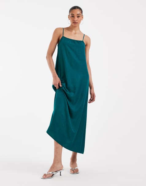Pieces - Robe caraco longue en satin - Bleu sarcelle - view 1