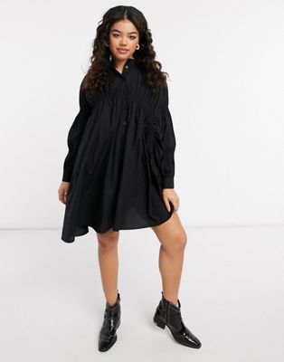 Femme Pieces - Robe chemise babydoll froncée - Noir