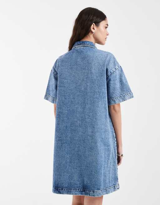 Pieces - Robe chemise courte en jean - Bleu moyen, 4 de 4