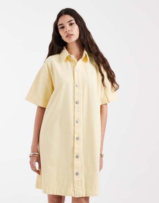 Pieces - Robe chemise courte en jean - Jaune pâle, 2 de 4