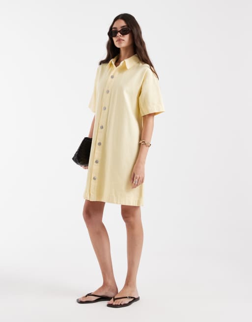 Pieces - Robe chemise courte en jean - Jaune pâle, 3 de 4