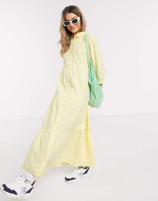 Pieces - Robe chemise longue en popeline - Jaune