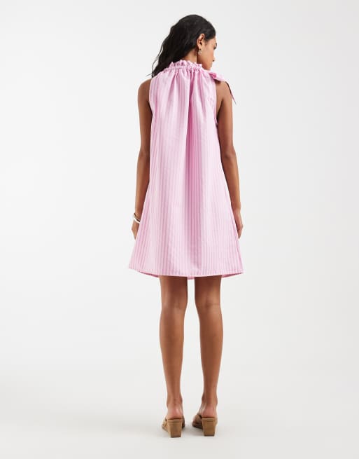 Pieces - Robe courte à col montant avec nœud - Rayures rose pastel, 4 de 4