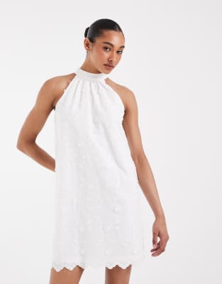 Robe courte à encolure américaine avec fleurs appliquées - Blanc M