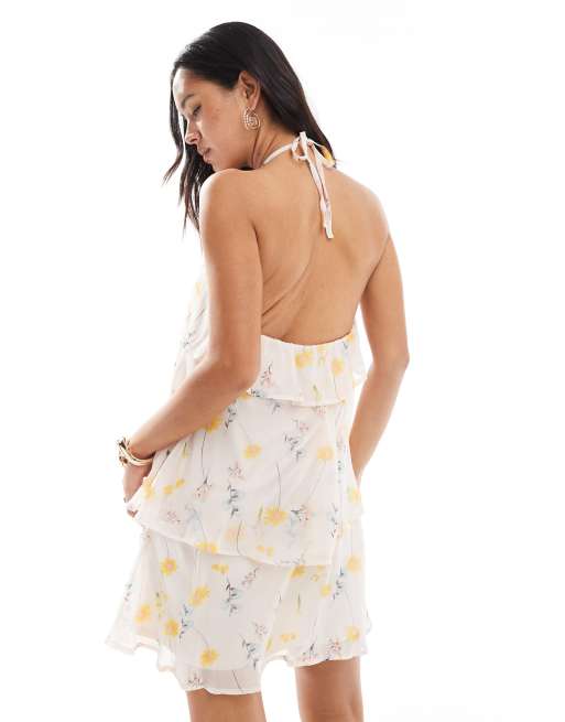 Pieces - Robe courte à imprimé fleuri avec volants étagés et détail grosse fleur - Rose pâle, 3 de 4