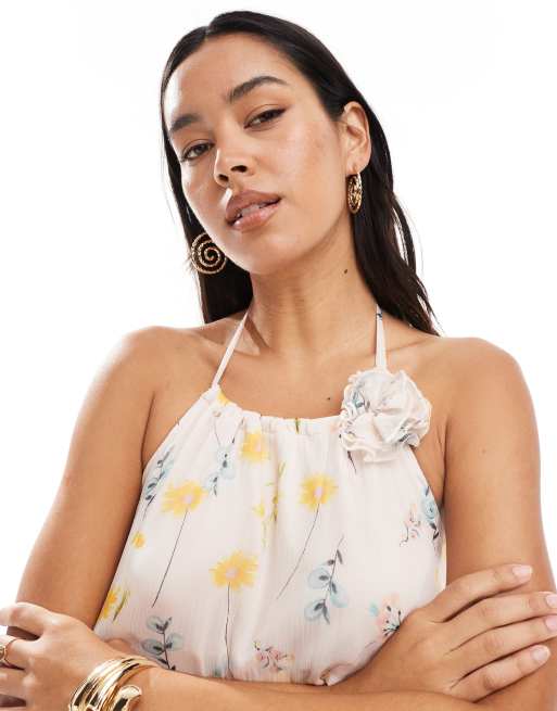 Pieces - Robe courte à imprimé fleuri avec volants étagés et détail grosse fleur - Rose pâle, 4 de 4