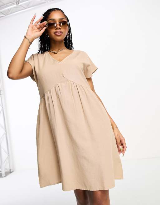 Pieces Robe courte en lin avec col en V Beige