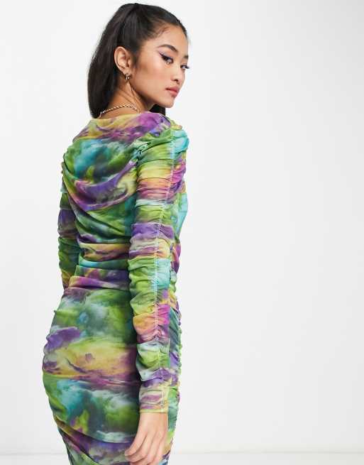 Pieces - Robe courte en tulle froncé teinte par sections - Multicolore, 4 de 4