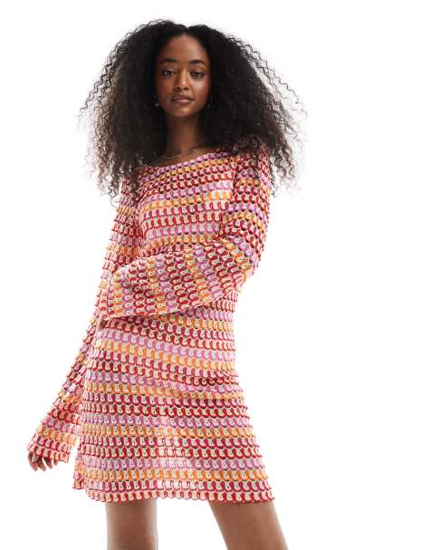 Pieces - Robe courte rayée en crochet à manches longues - Rouge et orange - view 1